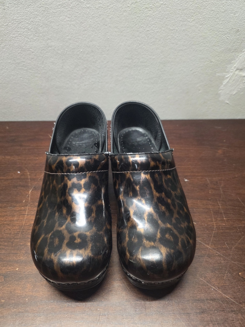 Dansko Leopard Patent Leather Clogs - Brown Black